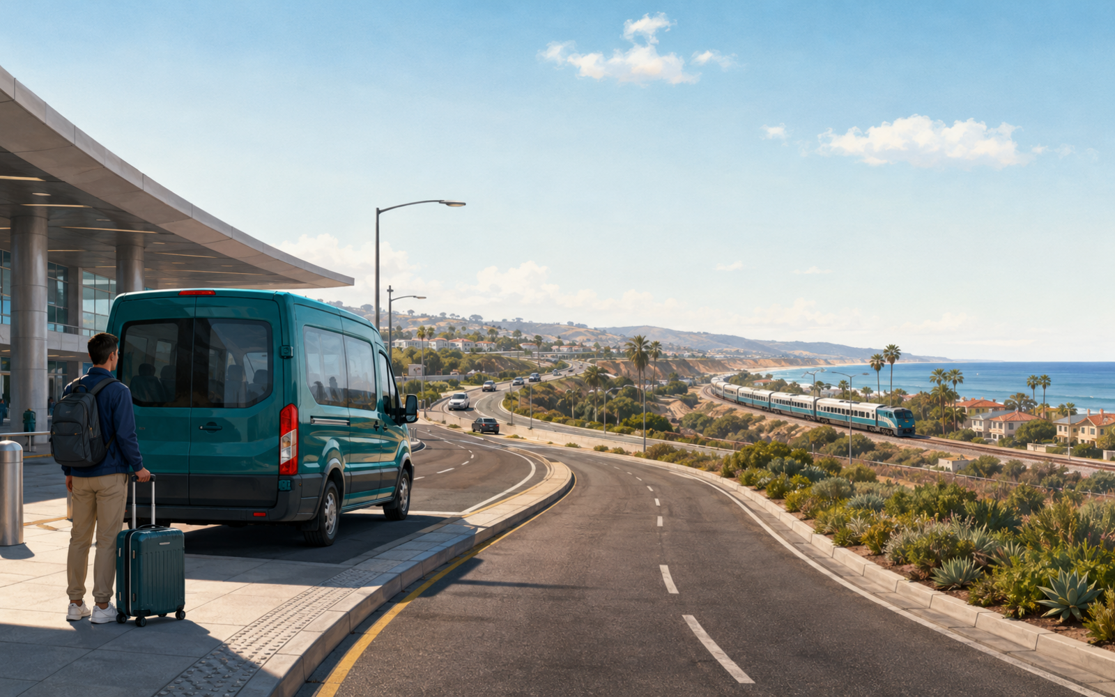 Editorial illustration of a traveler beside an airport shuttle with a coastal train in the distance, representing the transfer journey from San Diego Airport toward Carlsbad.